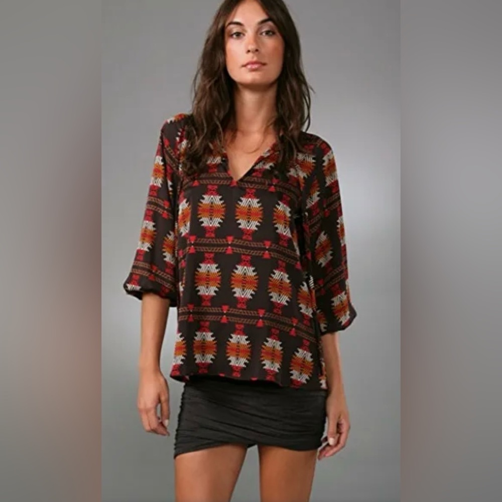 TUCKER Long Tie Neck Silk Blouse Shirt Brown Red Aztec Isa's Wooden‎ Chest sz S